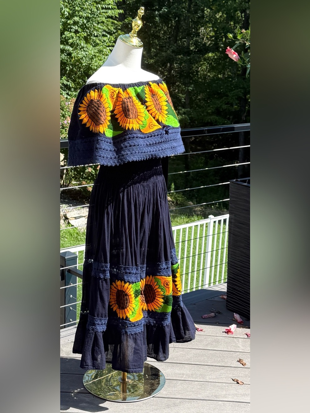 Off-Shoulder Navy Smocked Waist  Dress with Sunflower Embroidery